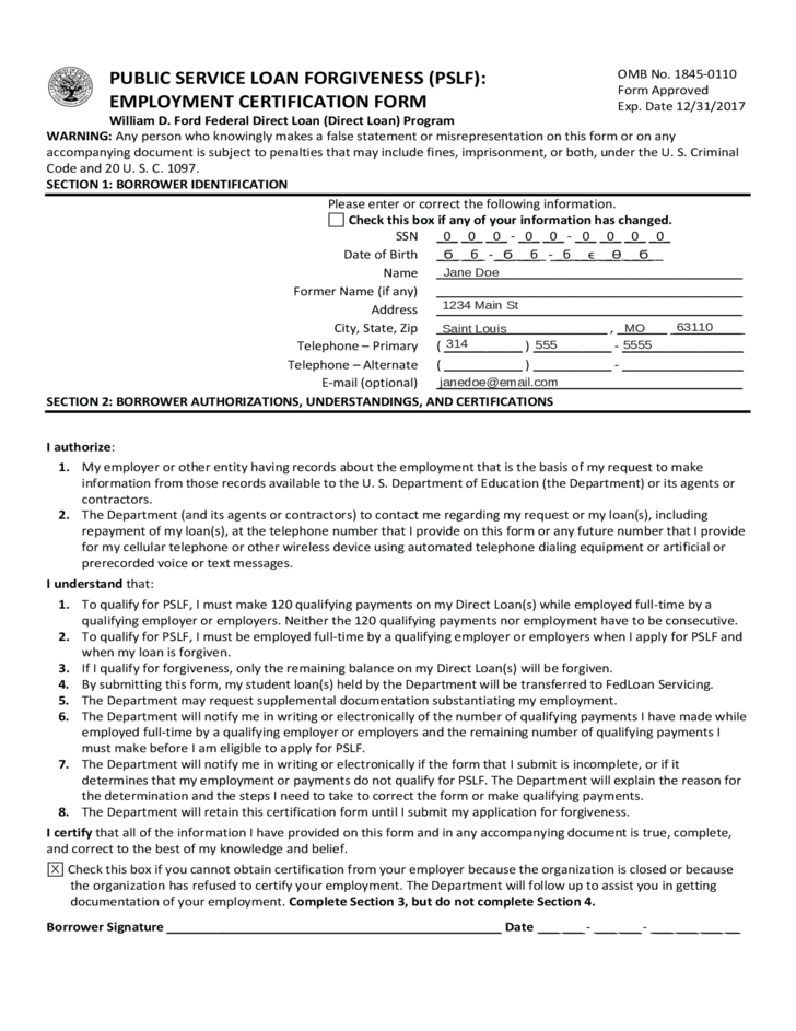 Employment Certification Form PSLF Fed Loans