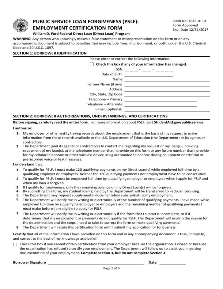 PSLF Application Employment Certification Form