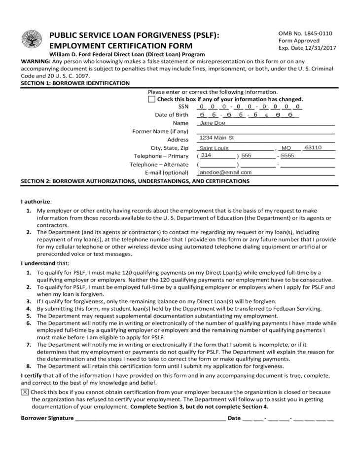 PSLF Employment Certification Form 2022