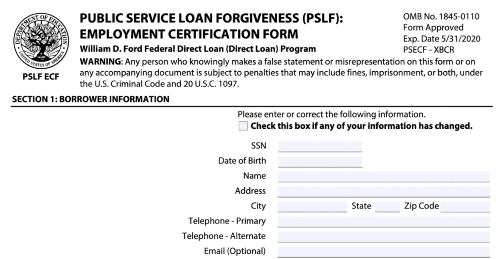 PSLF Employment Certification Form Address