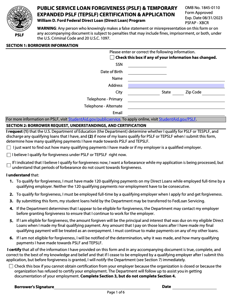 PSLF Fed Loan Peace Corps Forms