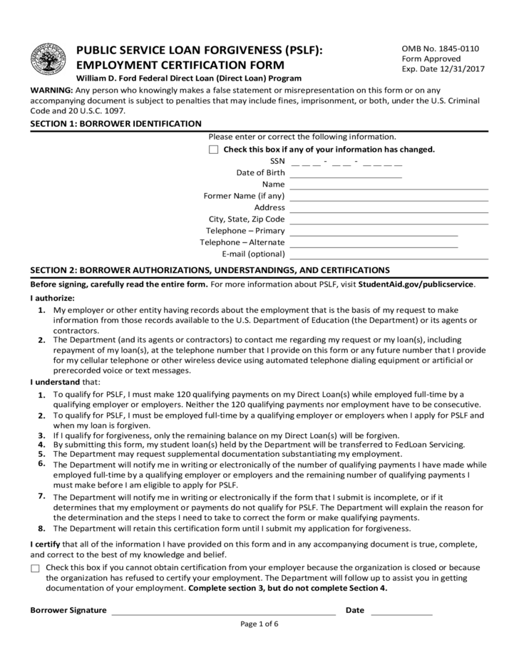 Public Service Loan Forgiveness Employment Certification Form PSLF